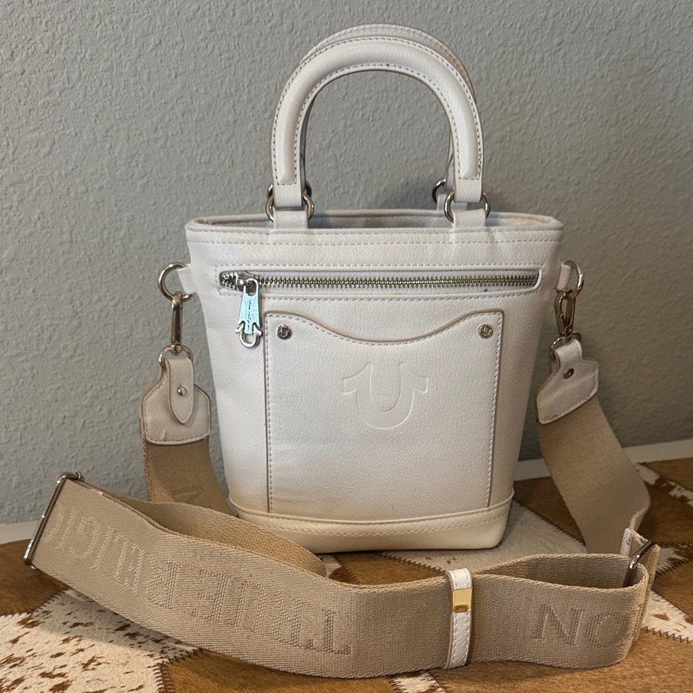 True Religion White Mini Tote with Beige Canvas Strap